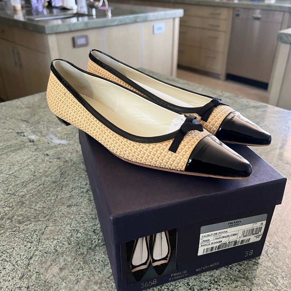 Prada Black and Cream Women's cap toe flats